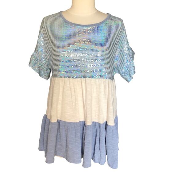 Unbranded NWOT Ruffle Sleeve Babydoll Light Blue Sequin Ivory Denim Blue Top SM - Picture 2 of 11